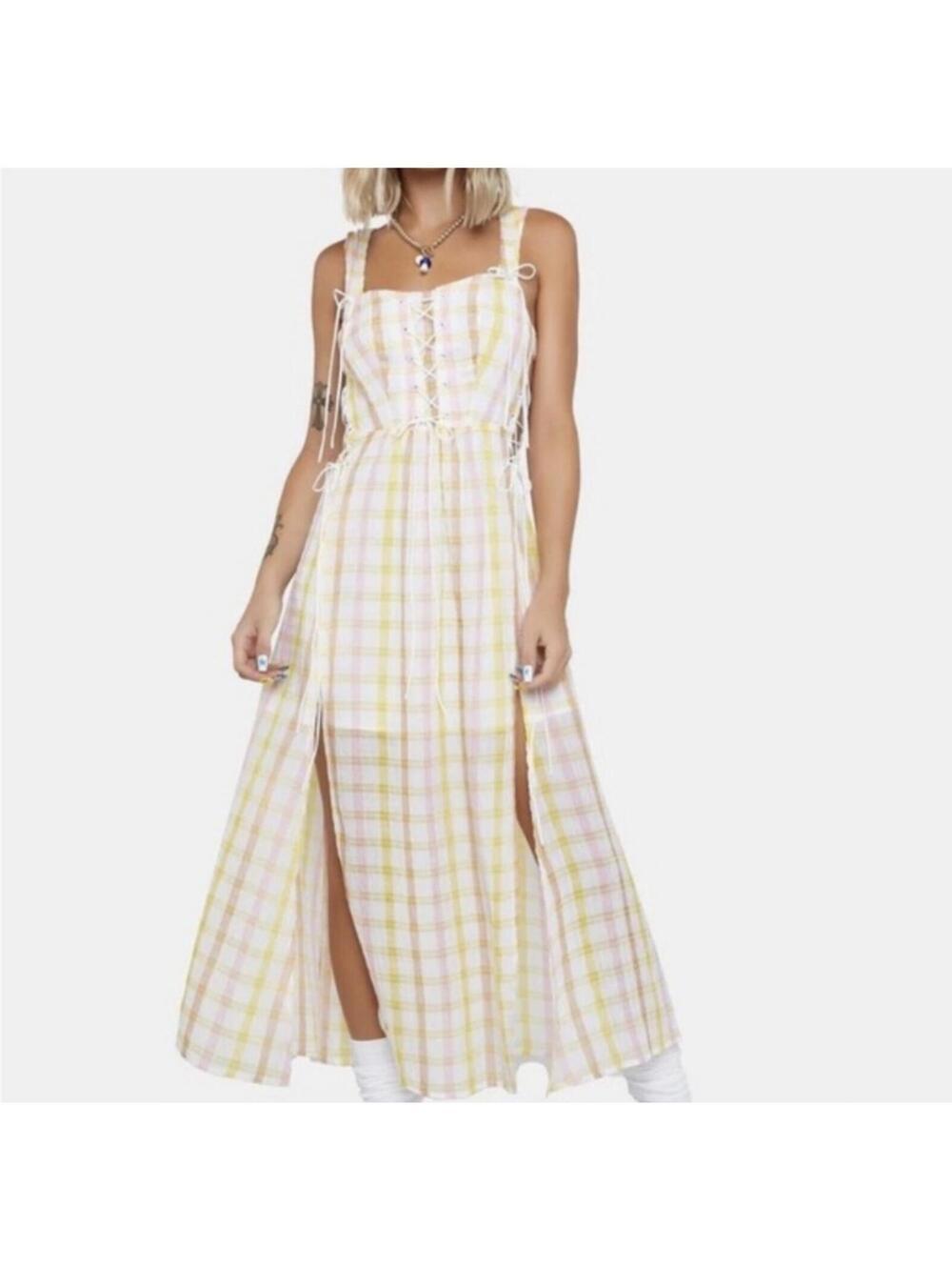 For Love & Lemons Rue Gingham Lace Up Corset Midi Dress Small